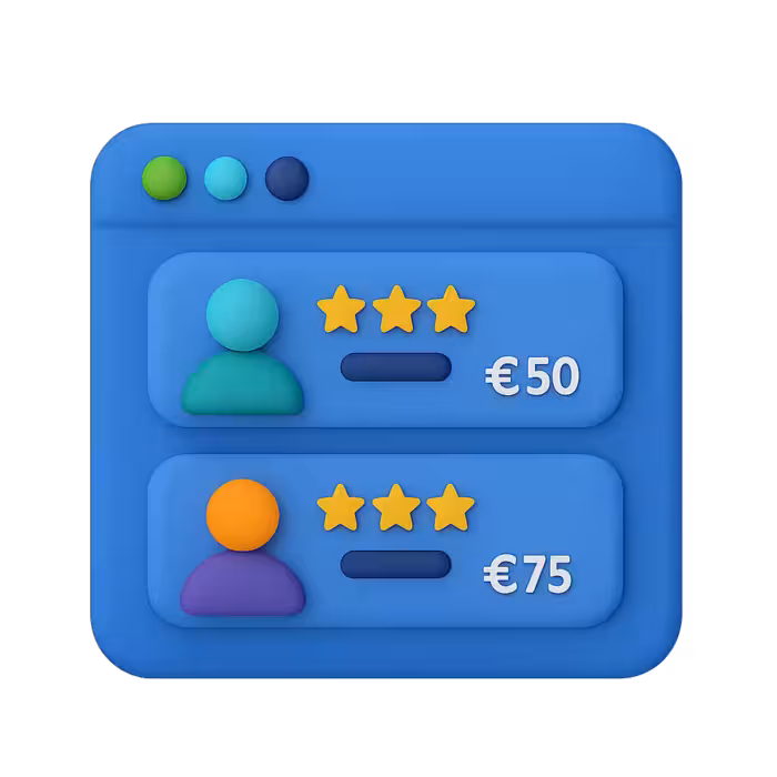 Ilustrație 3D cu un browser în care apar două oferte de freelanceri cu avatar, rating cu stele și prețuri în euro, reprezentând aplicațiile la un job pe Skill8.