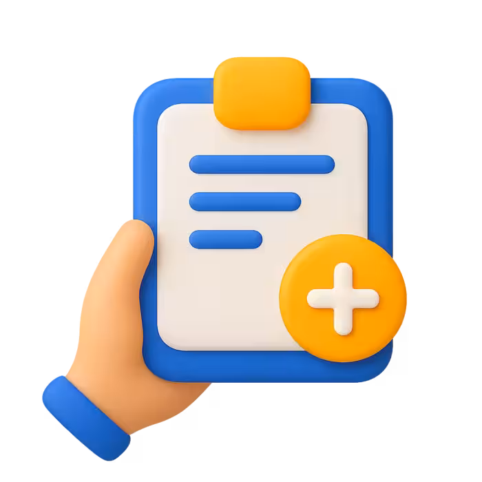 Ilustrație 3D cu o mână care ține un clipboard albastru cu buton „plus”, simbolizând publicarea unui job gratuit pe Skill8.