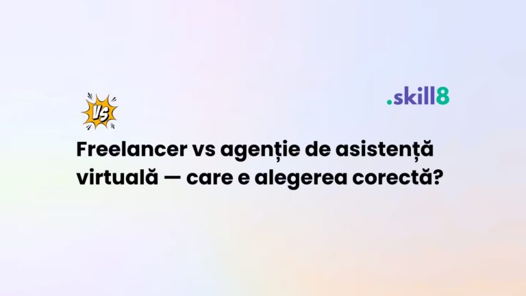 Comparație între freelancer și agenție de asistență virtuală – antreprenor analizând avantaje și costuri de colaborare.
